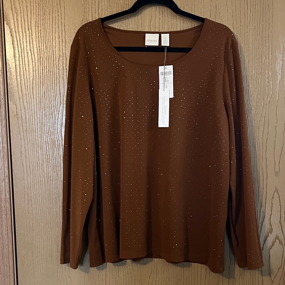 Chico's Brown Long Sleeve Top with Stud Accents